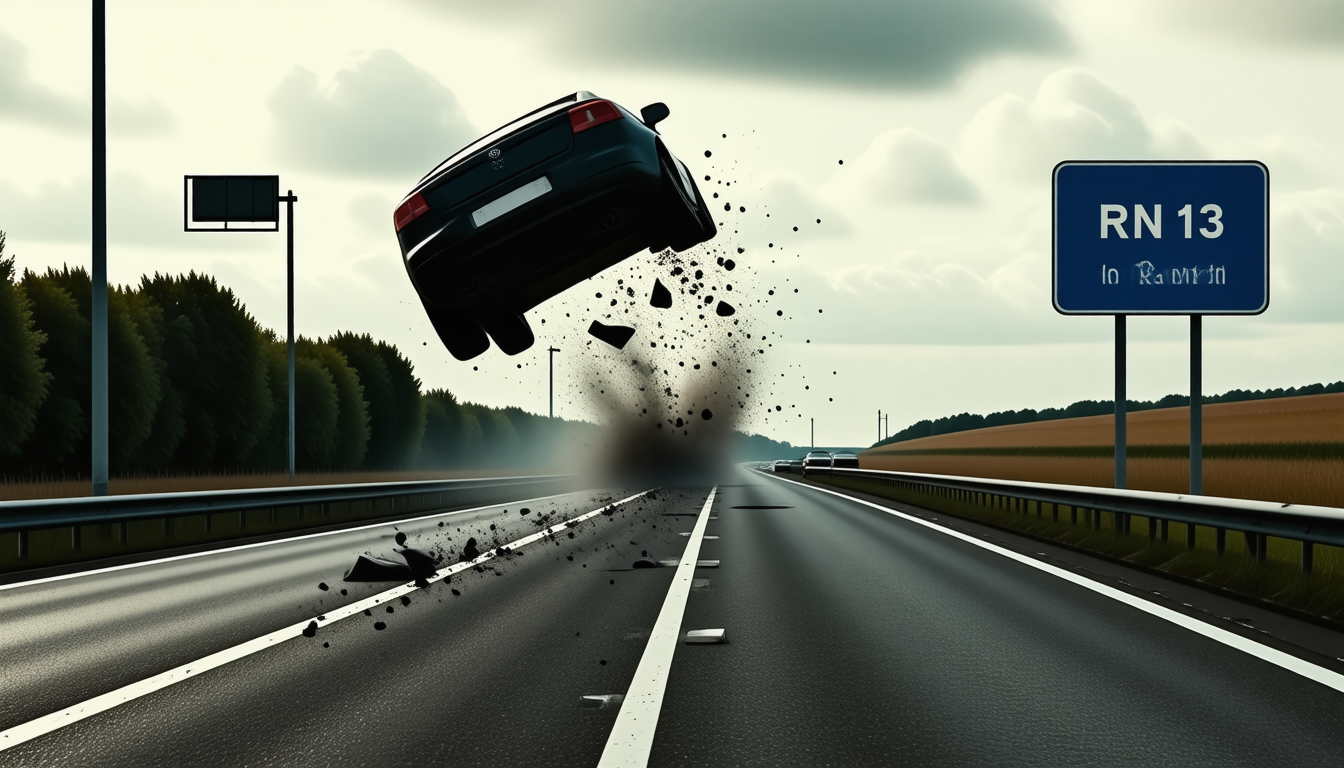 Accident spectaculaire sur la RN13 à l&rsquo;approche de Caen : une voiture s&rsquo;envole et effectue plusieurs tonneaux