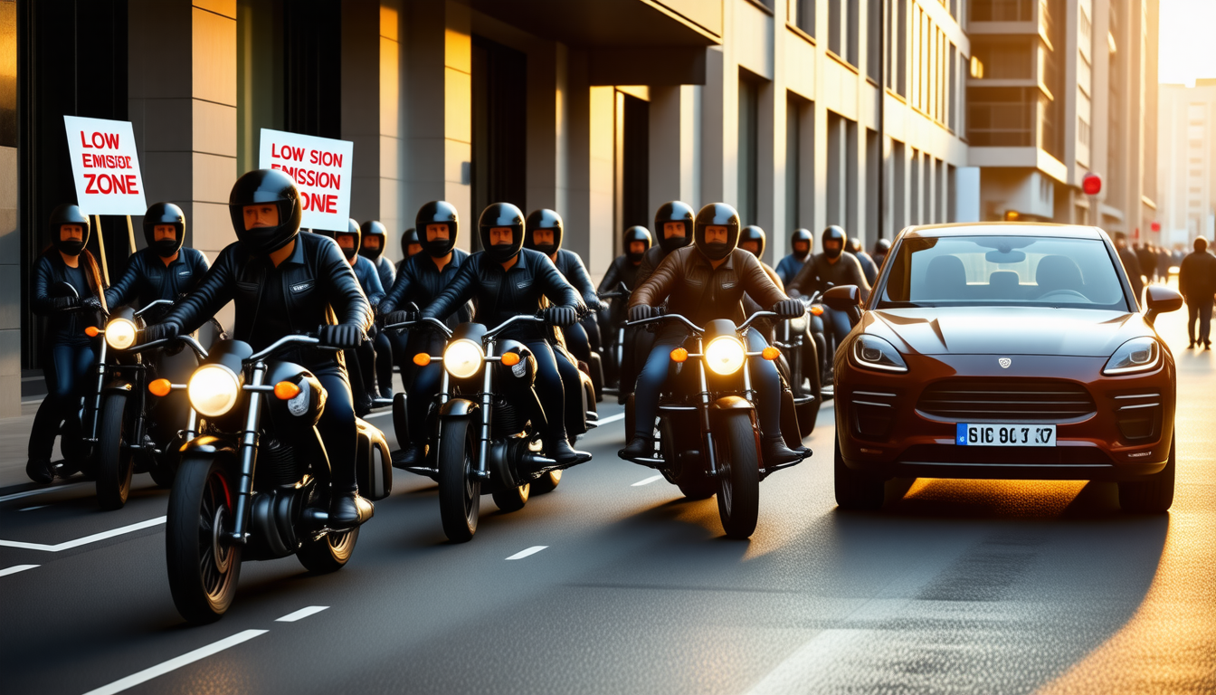 Un rassemblement de motards s&rsquo;oppose aux zones à faibles émissions : la surprenante similitude entre la vignette d&rsquo;une Porsche Cayenne et celle d&rsquo;une 208